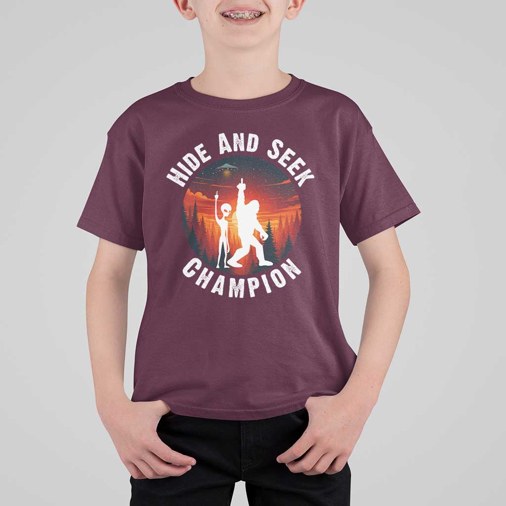 Hide And Seek Champion T Shirt For Kid Funny Bigfoot And Alien Lover Gift - Wonder Print Shop