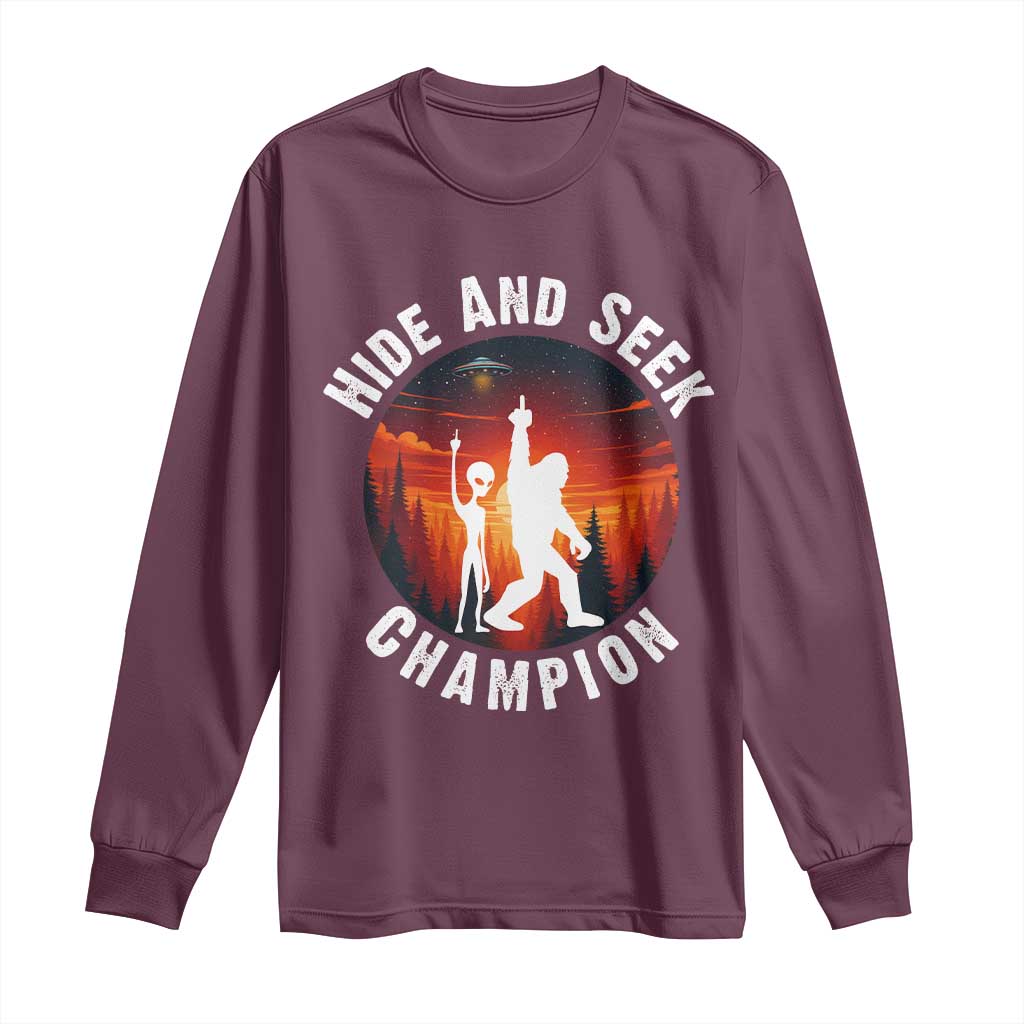 Hide And Seek Champion Long Sleeve Shirt Funny Bigfoot And Alien Lover Gift - Wonder Print Shop