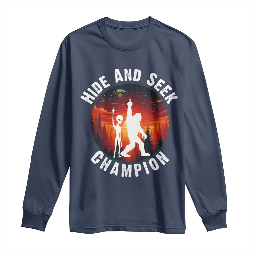 Hide And Seek Champion Long Sleeve Shirt Funny Bigfoot And Alien Lover Gift - Wonder Print Shop