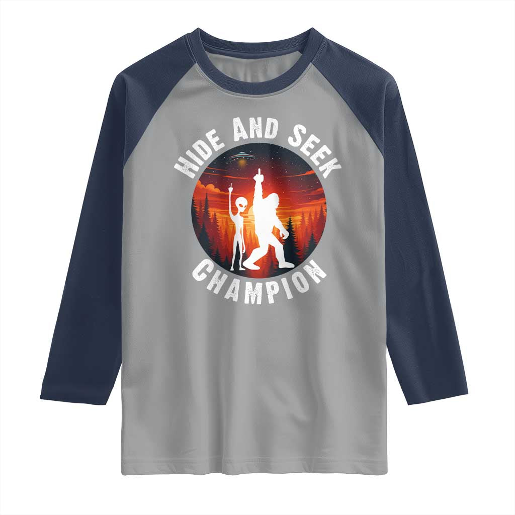 Hide And Seek Champion Raglan Shirt Funny Bigfoot And Alien Lover Gift - Wonder Print Shop