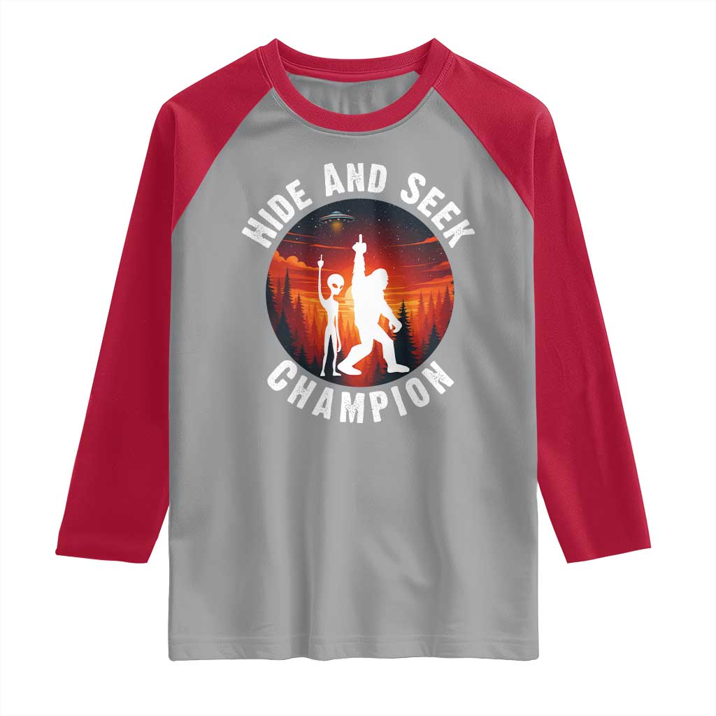 Hide And Seek Champion Raglan Shirt Funny Bigfoot And Alien Lover Gift - Wonder Print Shop