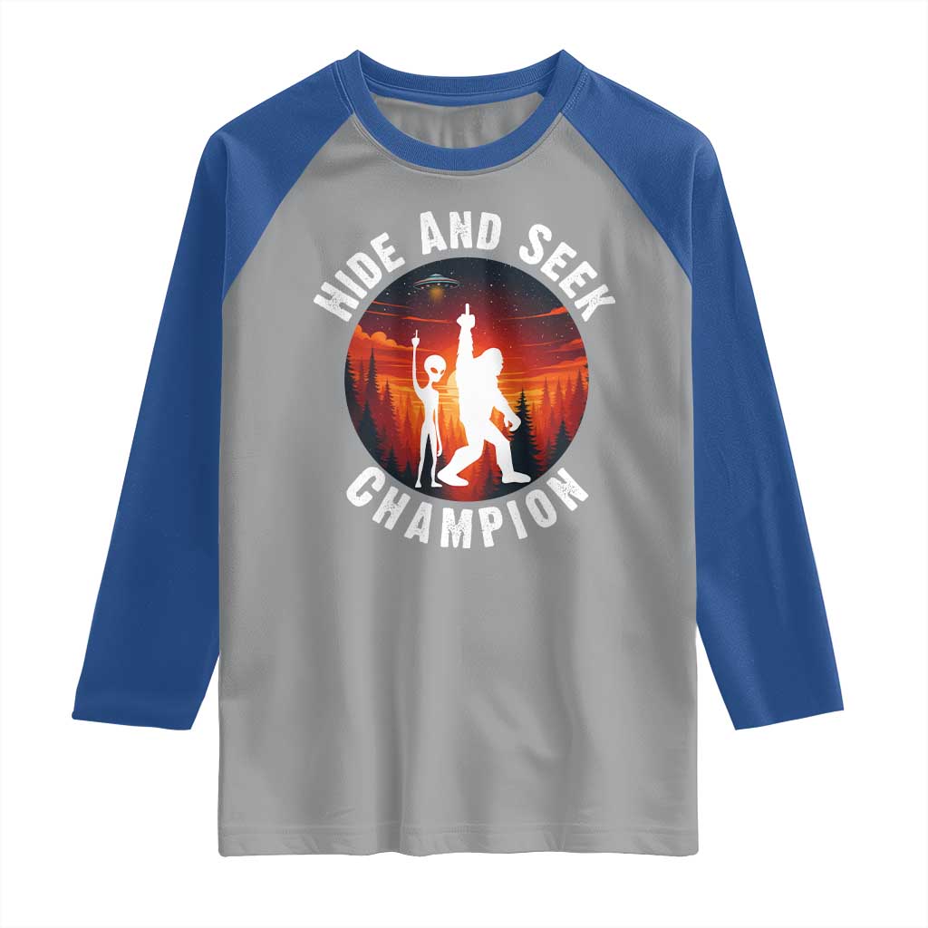 Hide And Seek Champion Raglan Shirt Funny Bigfoot And Alien Lover Gift - Wonder Print Shop