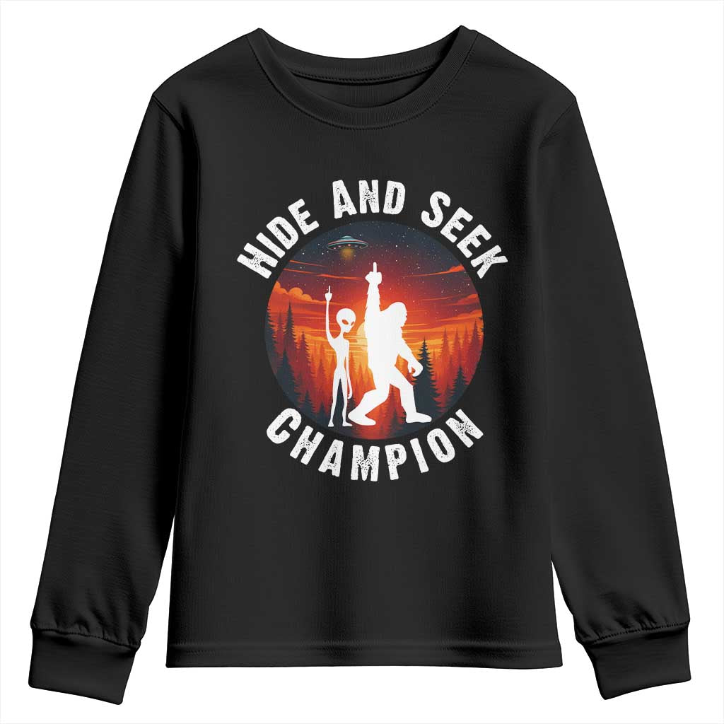 Hide And Seek Champion Youth Sweatshirt Funny Bigfoot And Alien Lover Gift - Wonder Print Shop