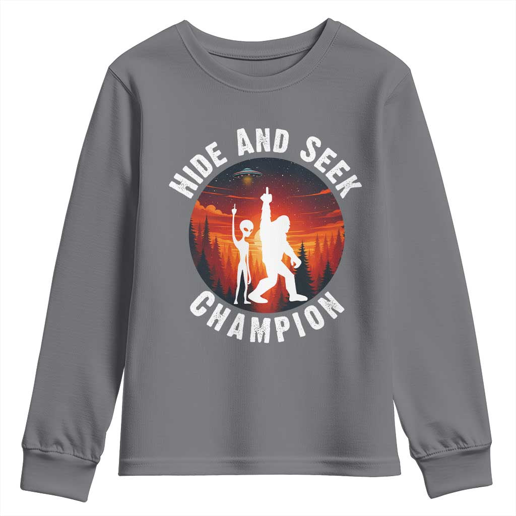 Hide And Seek Champion Youth Sweatshirt Funny Bigfoot And Alien Lover Gift - Wonder Print Shop