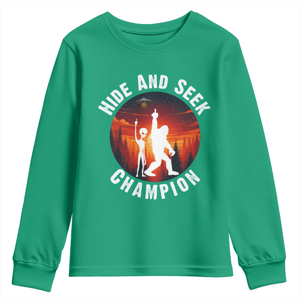 Hide And Seek Champion Youth Sweatshirt Funny Bigfoot And Alien Lover Gift - Wonder Print Shop
