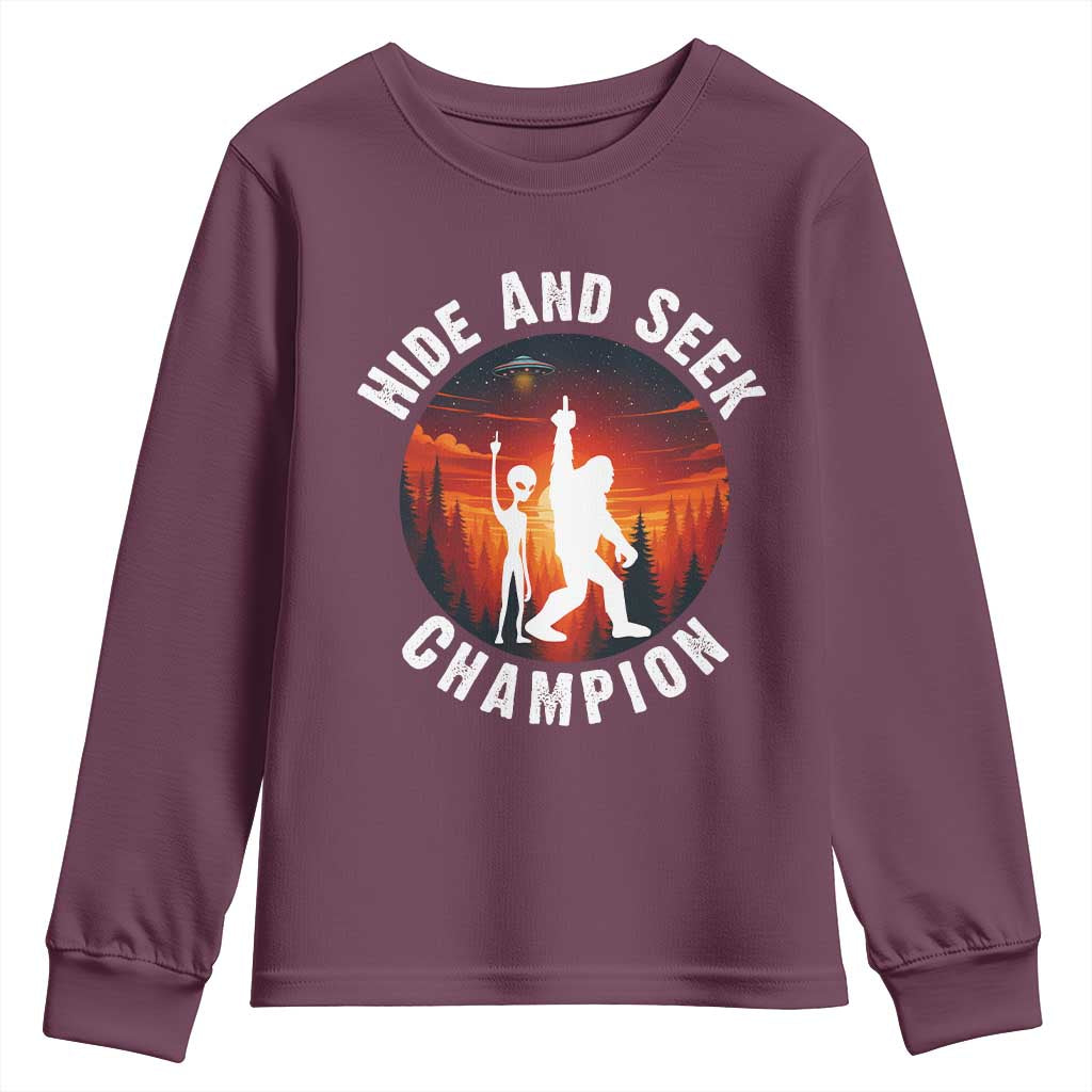 Hide And Seek Champion Youth Sweatshirt Funny Bigfoot And Alien Lover Gift - Wonder Print Shop