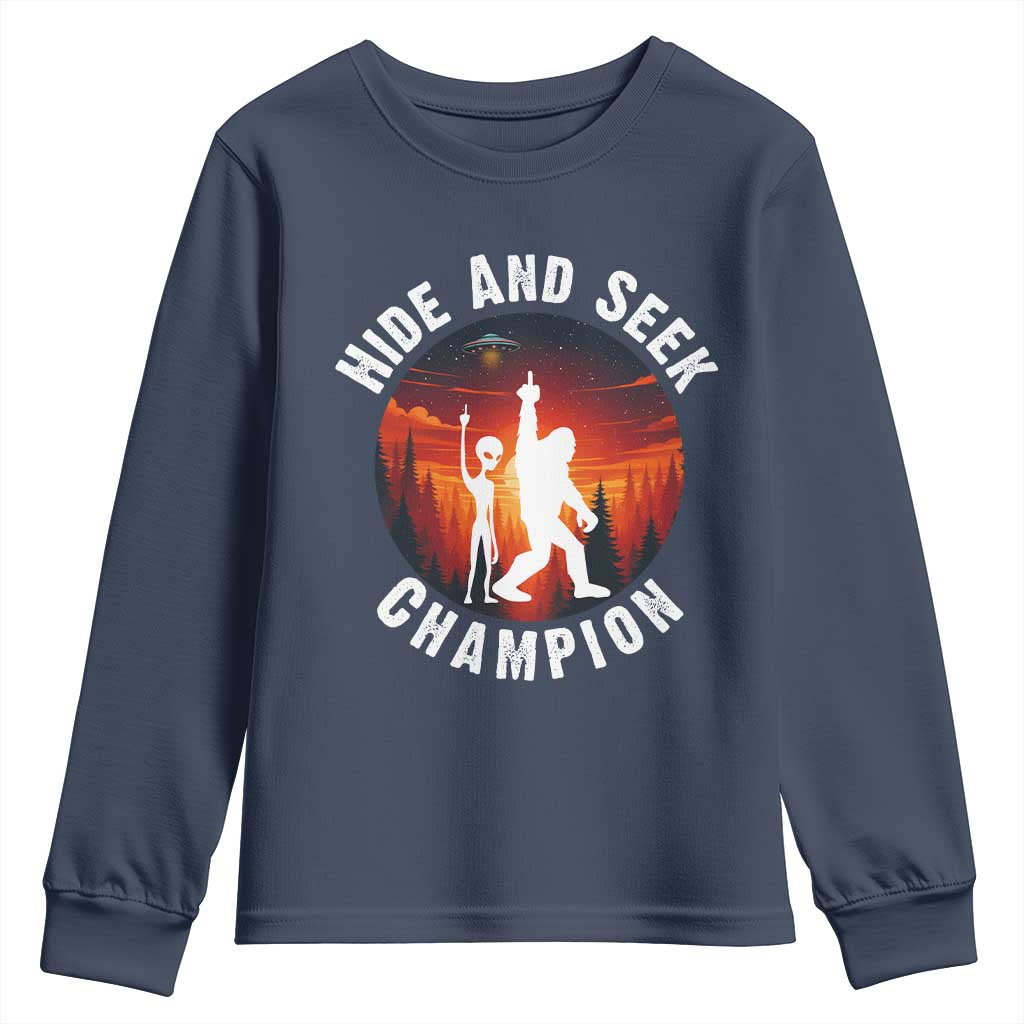Hide And Seek Champion Youth Sweatshirt Funny Bigfoot And Alien Lover Gift - Wonder Print Shop