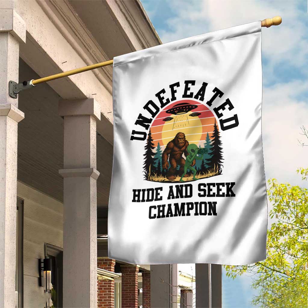 Funny Bigfoot And Alien Gift Garden Flag Undefeated Hide And Seek Champion - Wonder Print Shop