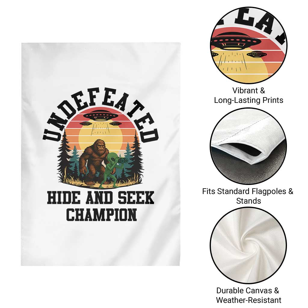 Funny Bigfoot And Alien Gift Garden Flag Undefeated Hide And Seek Champion - Wonder Print Shop