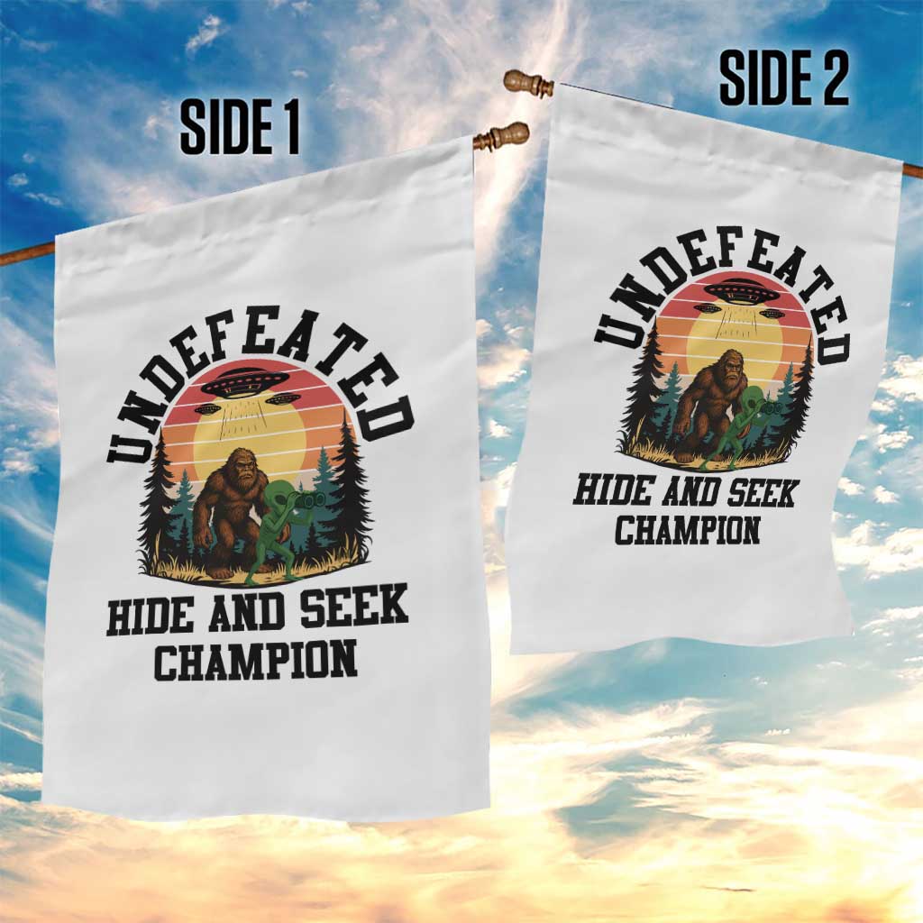 Funny Bigfoot And Alien Gift Garden Flag Undefeated Hide And Seek Champion - Wonder Print Shop