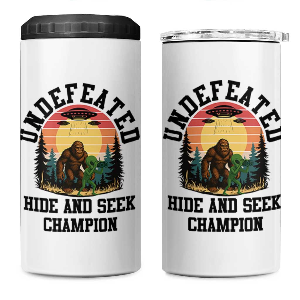 Funny Bigfoot And Alien Gift 4 in 1 Can Cooler Tumbler Undefeated Hide And Seek Champion