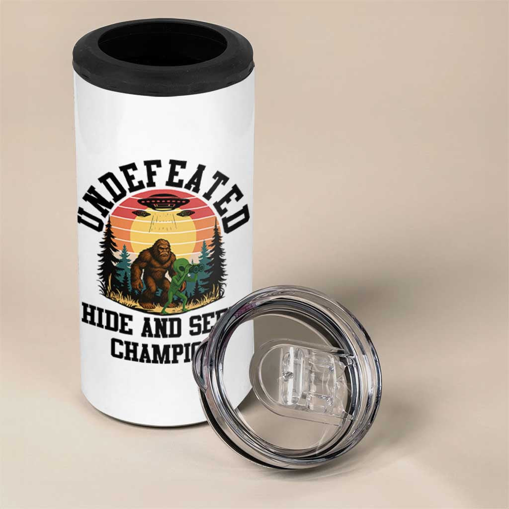 Funny Bigfoot And Alien Gift 4 in 1 Can Cooler Tumbler Undefeated Hide And Seek Champion