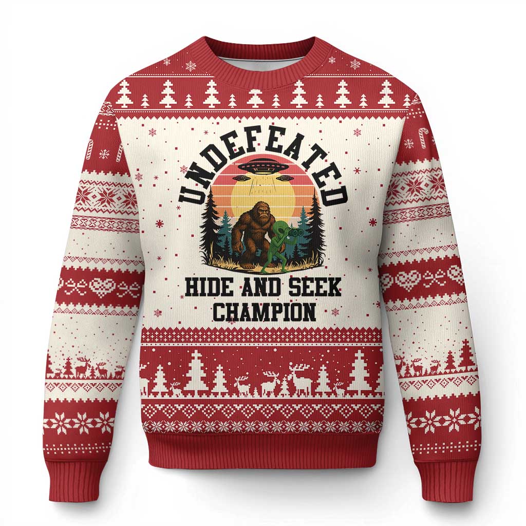 Funny Bigfoot And Alien Gift Ugly Christmas Sweater Undefeated Hide And Seek Champion - Wonder Print Shop