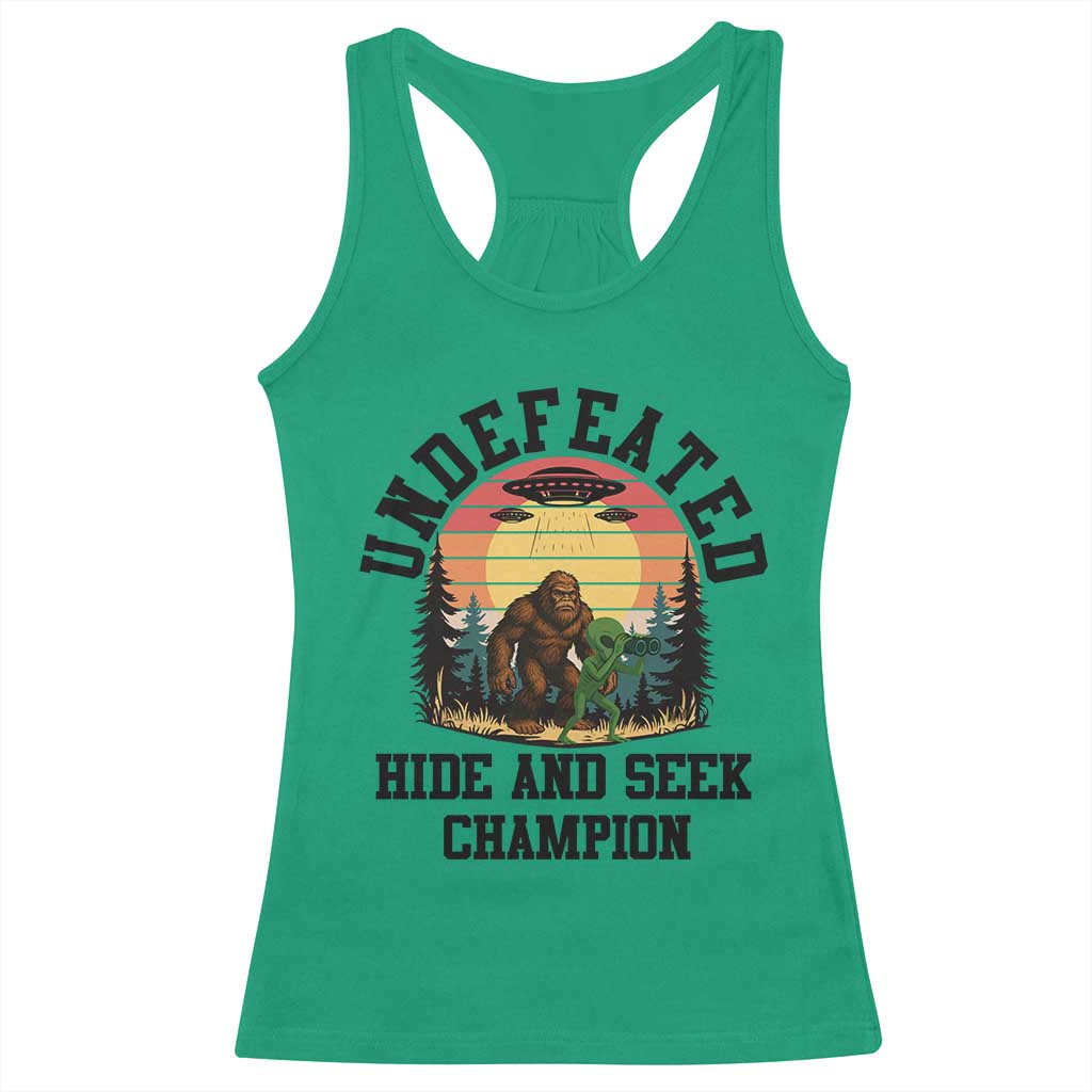 Funny Bigfoot And Alien Gift Racerback Tank Top Undefeated Hide And Seek Champion - Wonder Print Shop