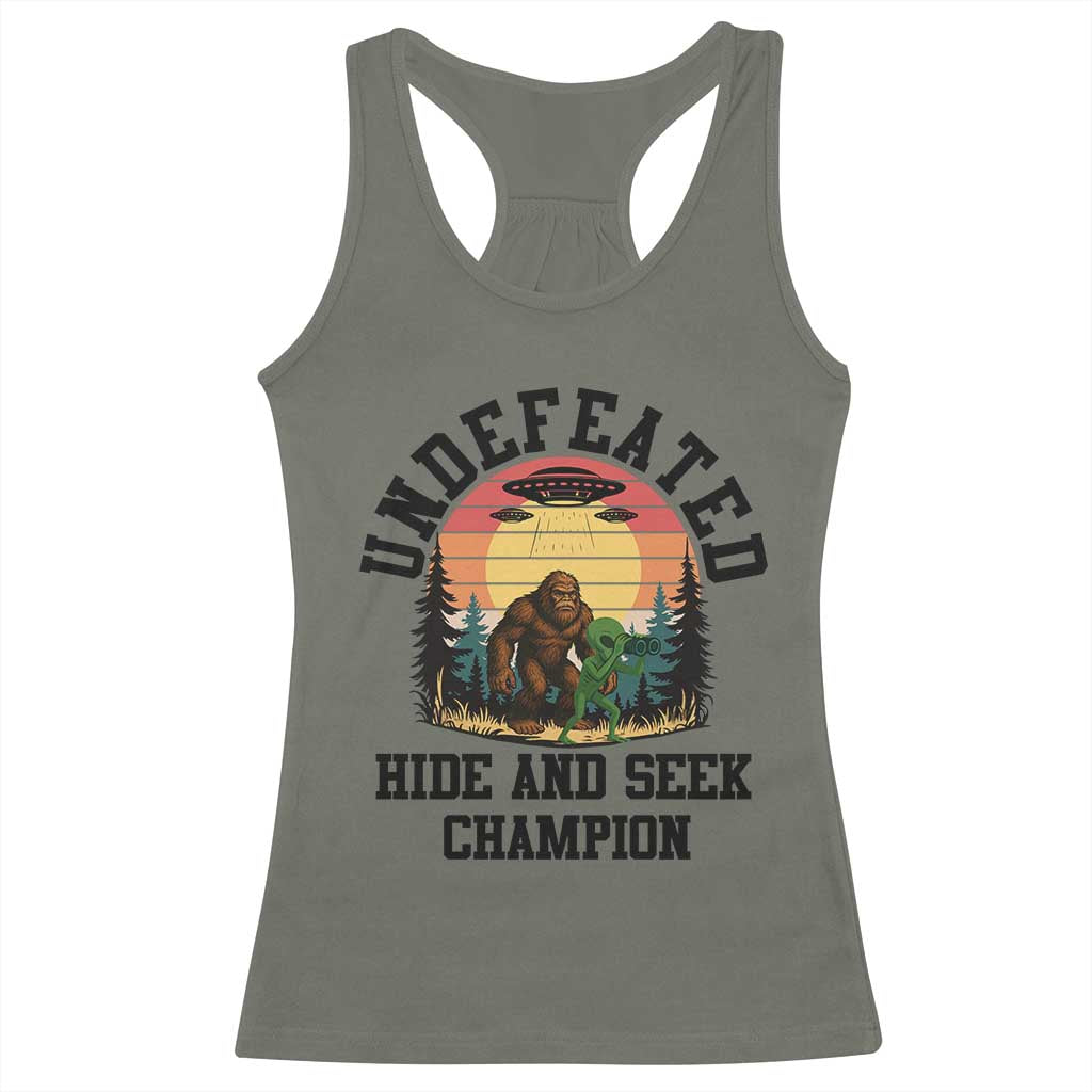 Funny Bigfoot And Alien Gift Racerback Tank Top Undefeated Hide And Seek Champion - Wonder Print Shop