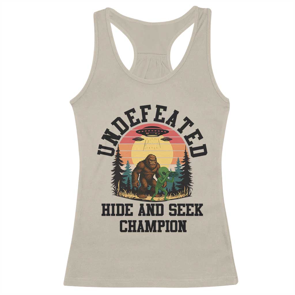 Funny Bigfoot And Alien Gift Racerback Tank Top Undefeated Hide And Seek Champion - Wonder Print Shop