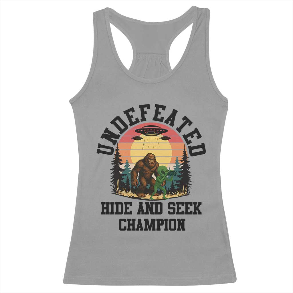 Funny Bigfoot And Alien Gift Racerback Tank Top Undefeated Hide And Seek Champion - Wonder Print Shop