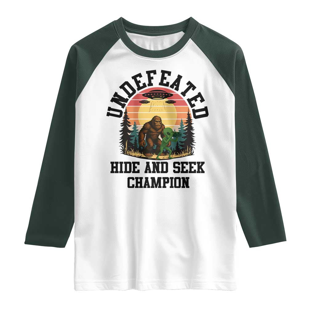 Funny Bigfoot And Alien Gift Raglan Shirt Undefeated Hide And Seek Champion - Wonder Print Shop