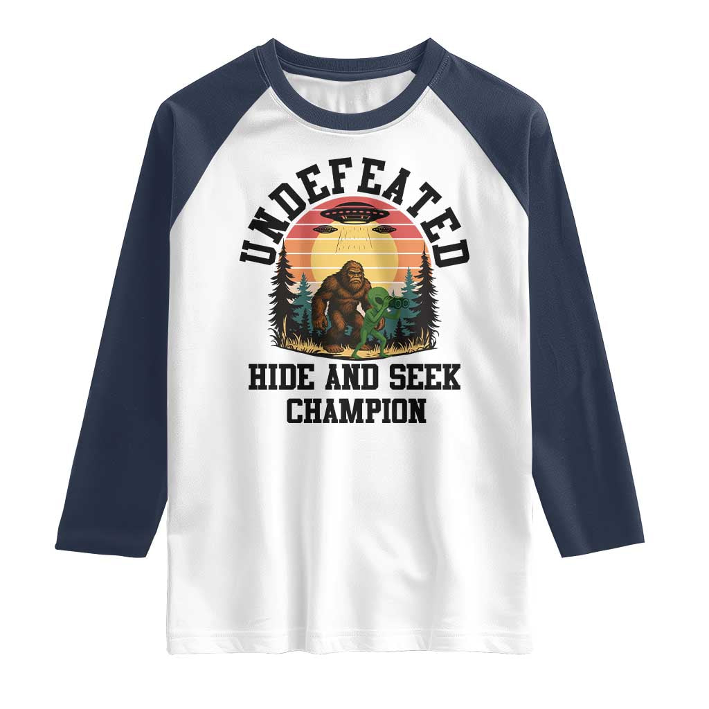 Funny Bigfoot And Alien Gift Raglan Shirt Undefeated Hide And Seek Champion - Wonder Print Shop