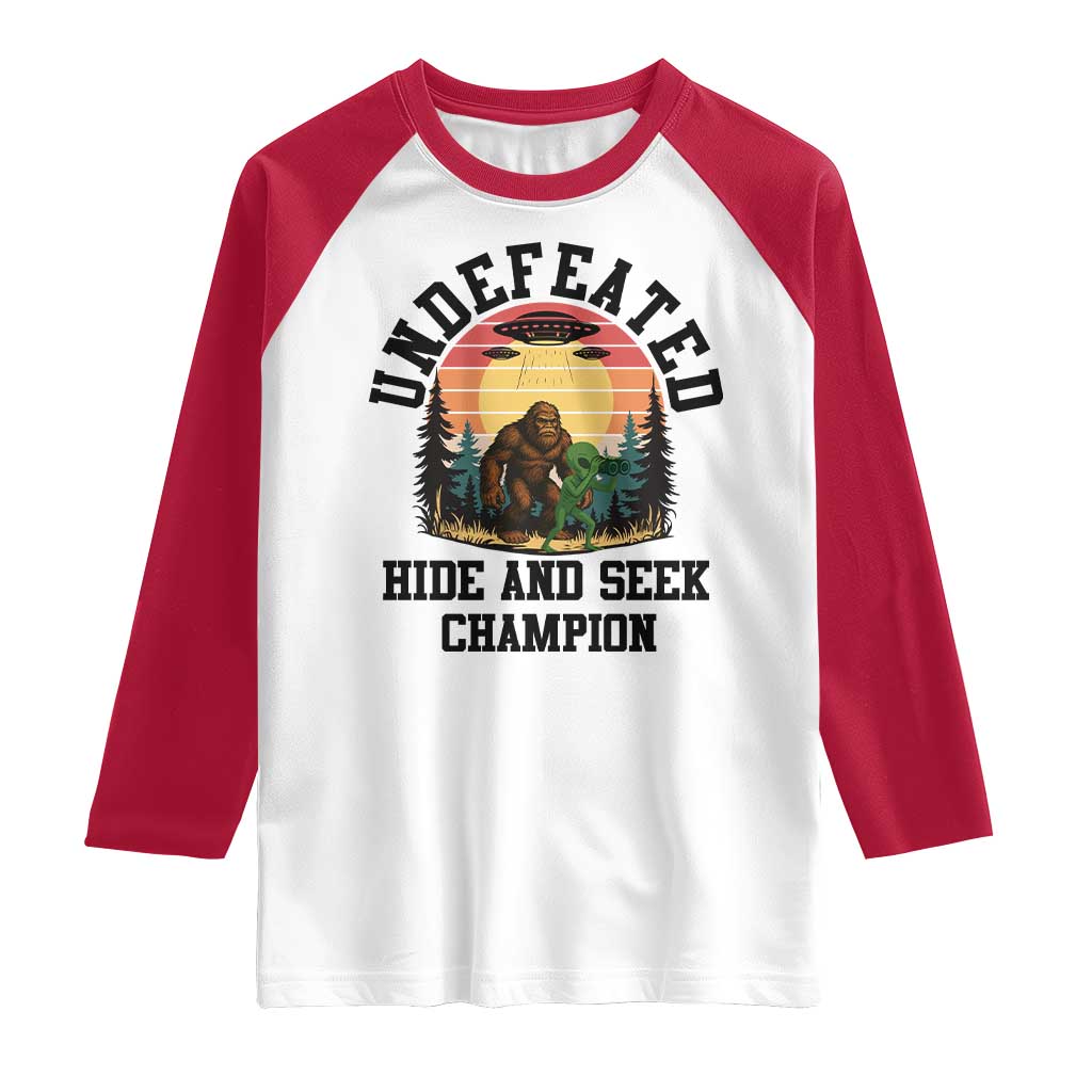Funny Bigfoot And Alien Gift Raglan Shirt Undefeated Hide And Seek Champion - Wonder Print Shop