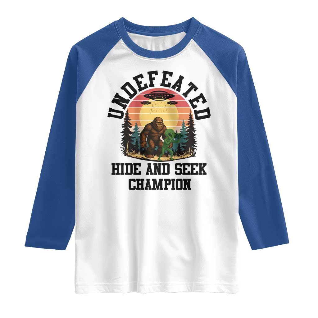 Funny Bigfoot And Alien Gift Raglan Shirt Undefeated Hide And Seek Champion - Wonder Print Shop