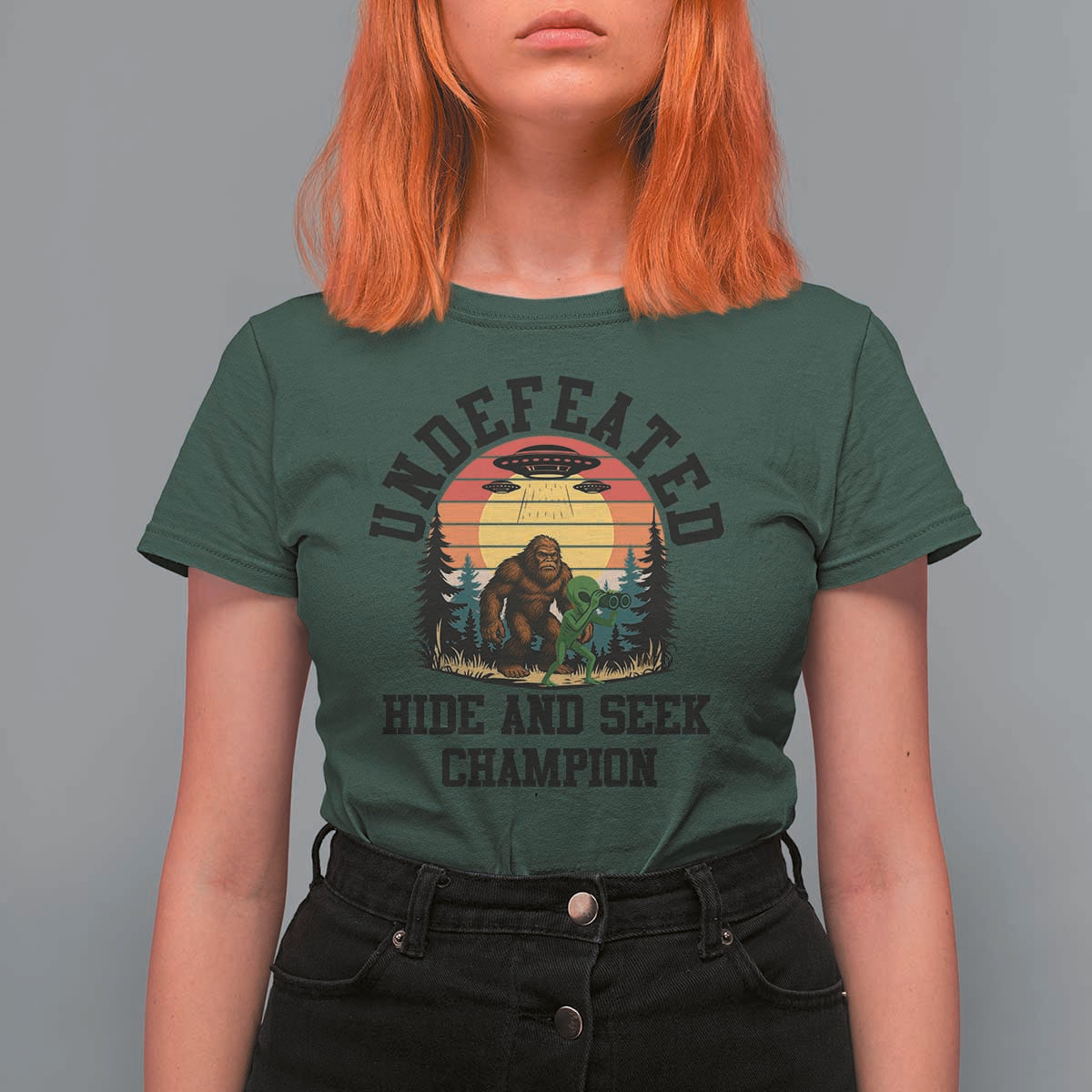 Funny Bigfoot And Alien Gift T Shirt For Women Undefeated Hide And Seek Champion - Wonder Print Shop
