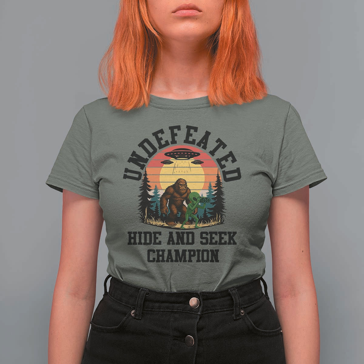 Funny Bigfoot And Alien Gift T Shirt For Women Undefeated Hide And Seek Champion - Wonder Print Shop