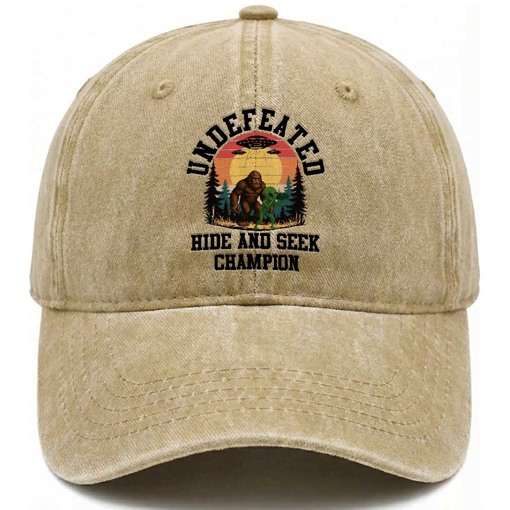 Funny Bigfoot And Alien Gift Washed Cotton Baseball Cap Undefeated Hide And Seek Champion