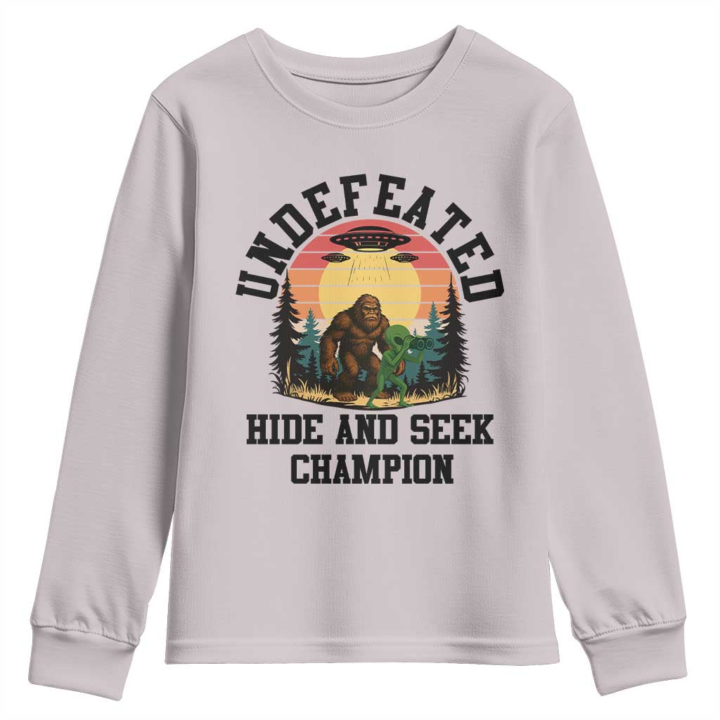 Funny Bigfoot And Alien Gift Youth Sweatshirt Undefeated Hide And Seek Champion - Wonder Print Shop