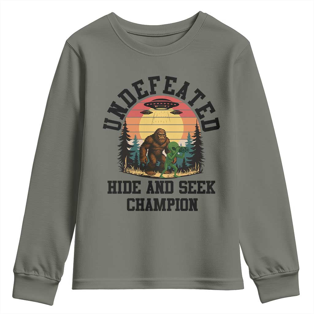 Funny Bigfoot And Alien Gift Youth Sweatshirt Undefeated Hide And Seek Champion - Wonder Print Shop