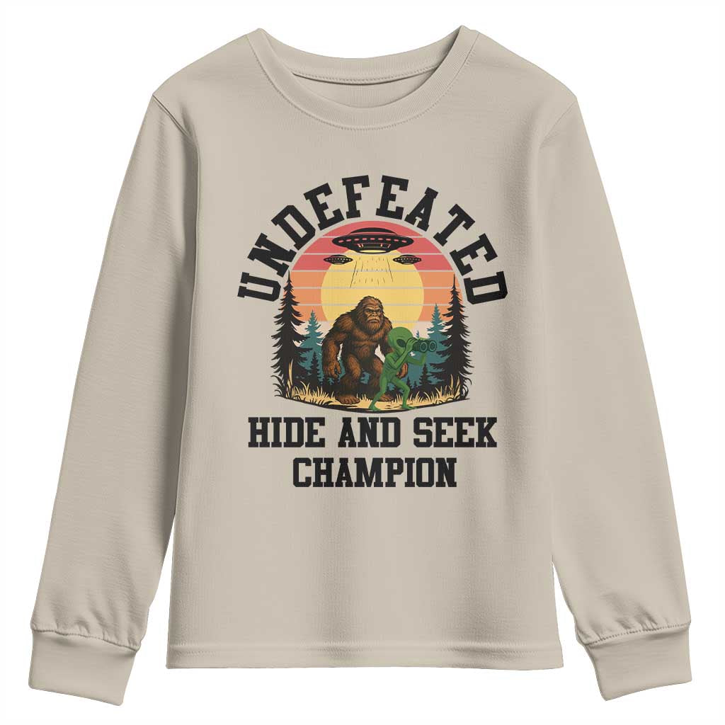 Funny Bigfoot And Alien Gift Youth Sweatshirt Undefeated Hide And Seek Champion - Wonder Print Shop