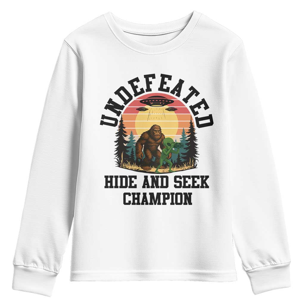Funny Bigfoot And Alien Gift Youth Sweatshirt Undefeated Hide And Seek Champion - Wonder Print Shop