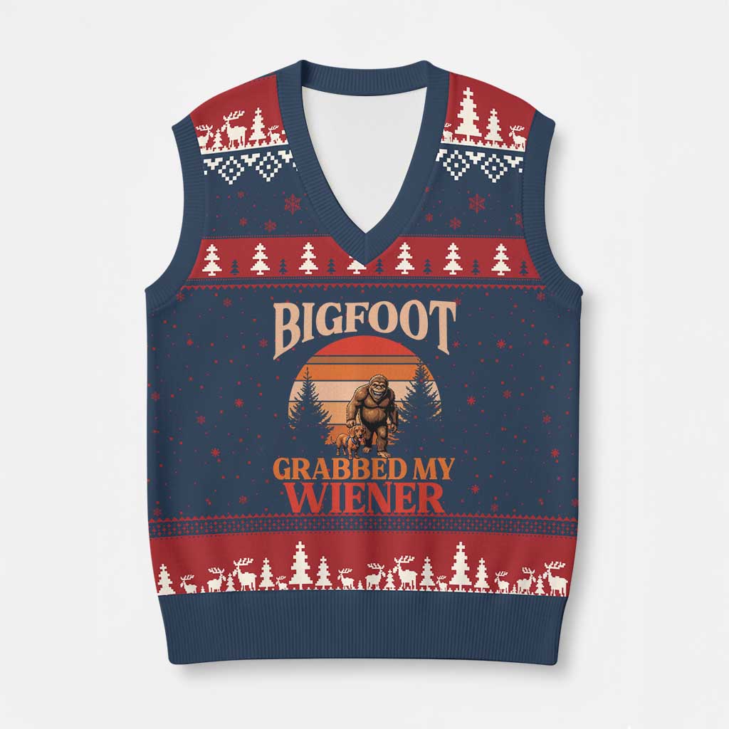 Bigfoot Grabbed My Wiener V-Neck Knit Sweater Vest Funny Dachshund Lover Gift - Wonder Print Shop