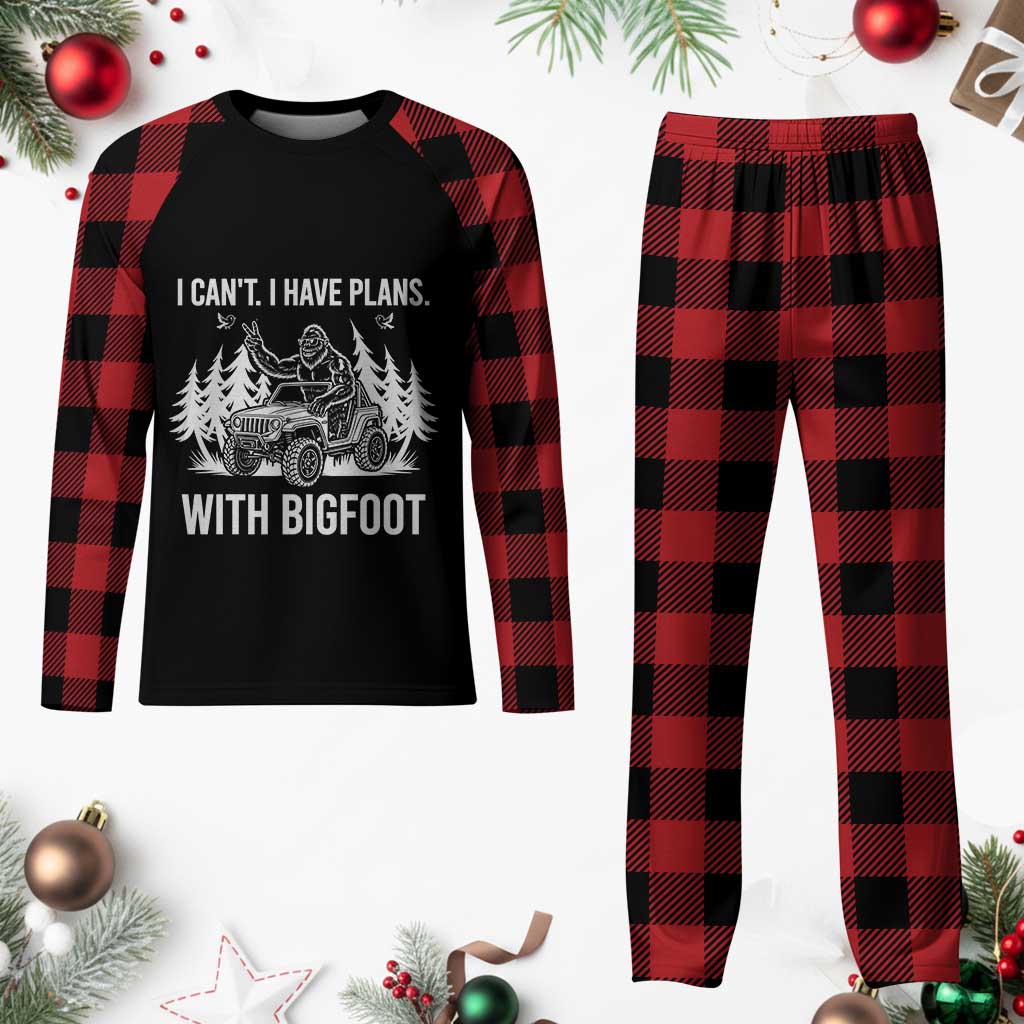 Funny Bigfoot Driving Car Plaid Pajama Set I Cant I Have Plans With Bigfoot - Wonder Print Shop