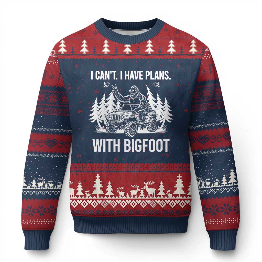 Funny Bigfoot Driving Car Ugly Christmas Sweater I Cant I Have Plans With Bigfoot - Wonder Print Shop