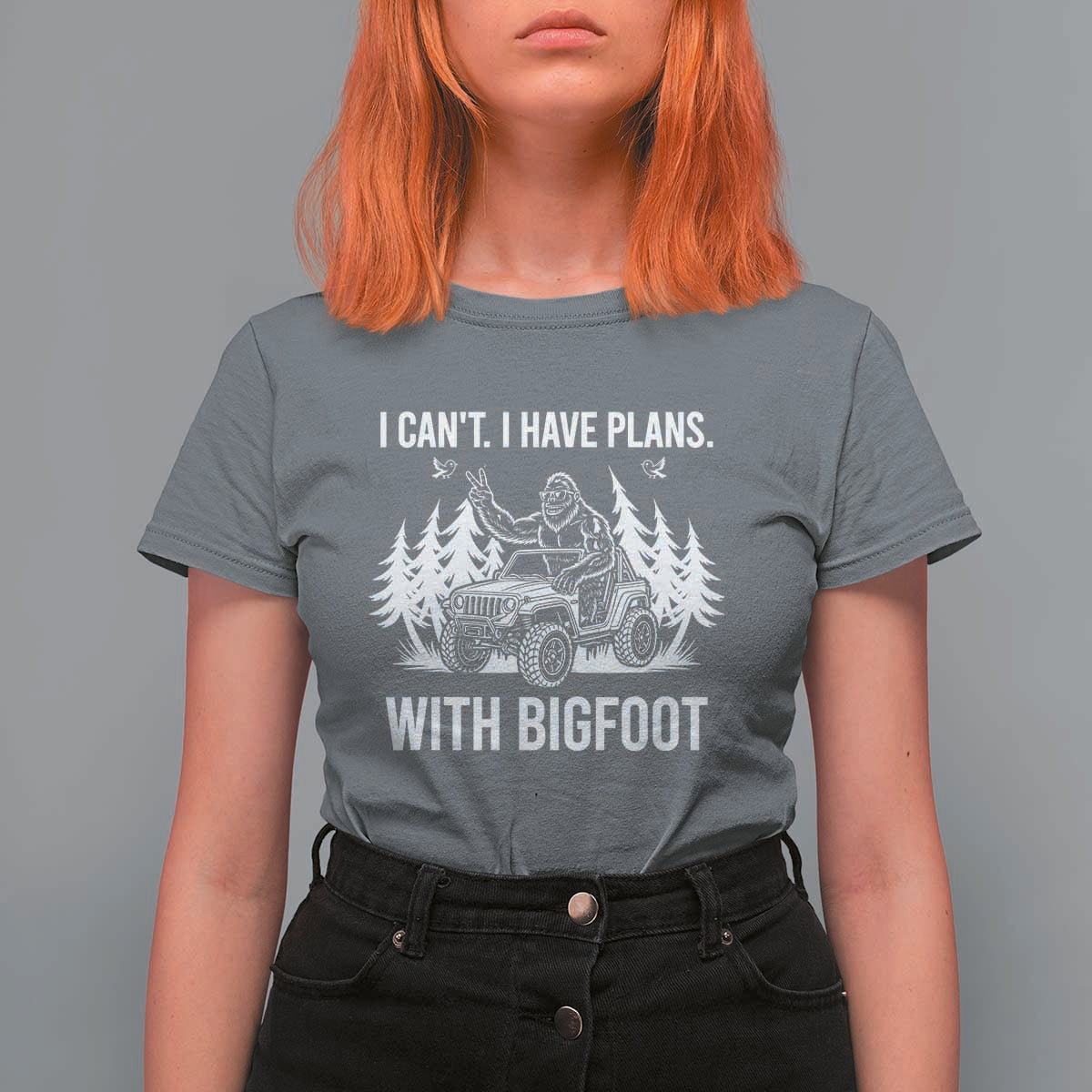 Funny Bigfoot Driving Car T Shirt For Women I Cant I Have Plans With Bigfoot - Wonder Print Shop