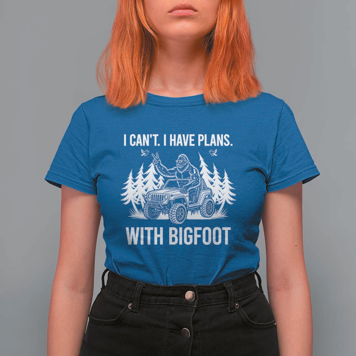 Funny Bigfoot Driving Car T Shirt For Women I Cant I Have Plans With Bigfoot - Wonder Print Shop