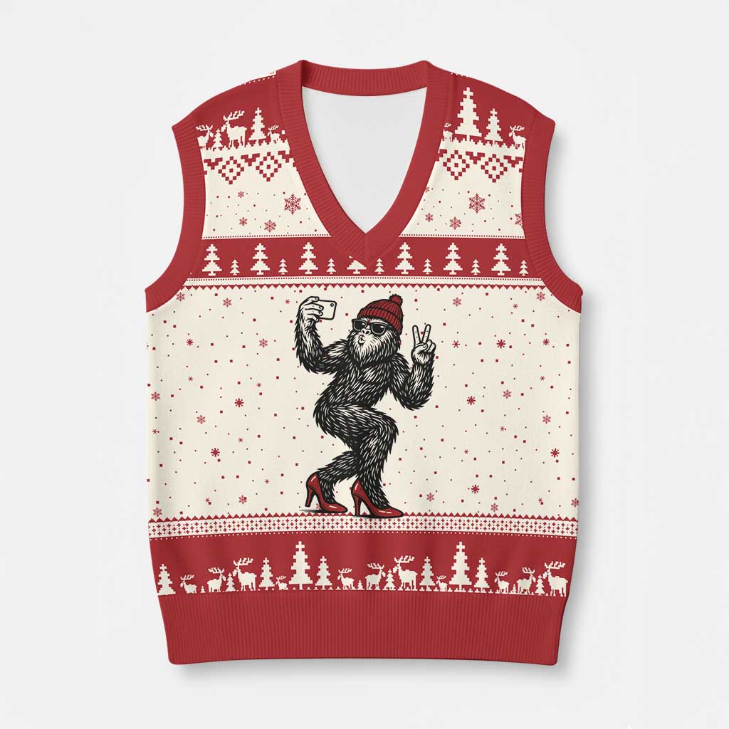 Funny Sexy Bigfoot Selfie V-Neck Knit Sweater Vest Sasquatch Lover Gift