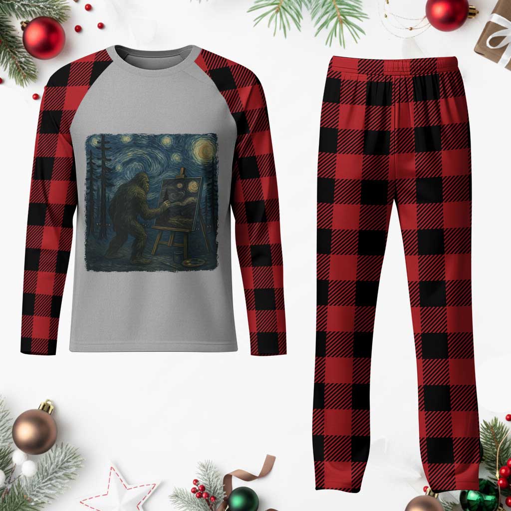 Funny Bigfoot Painting Starry Night Art Parody Gift Plaid Pajama Set - Wonder Print Shop