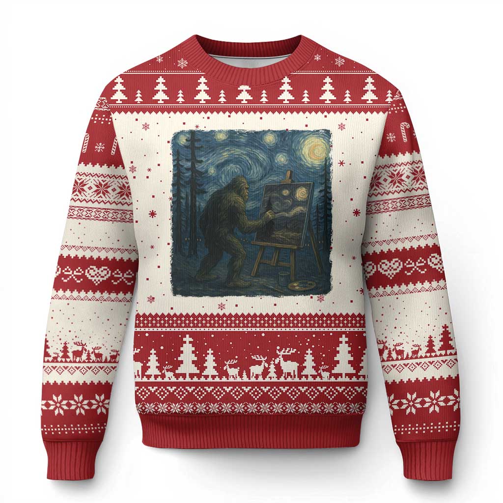 Funny Bigfoot Painting Starry Night Art Parody Gift Ugly Christmas Sweater - Wonder Print Shop