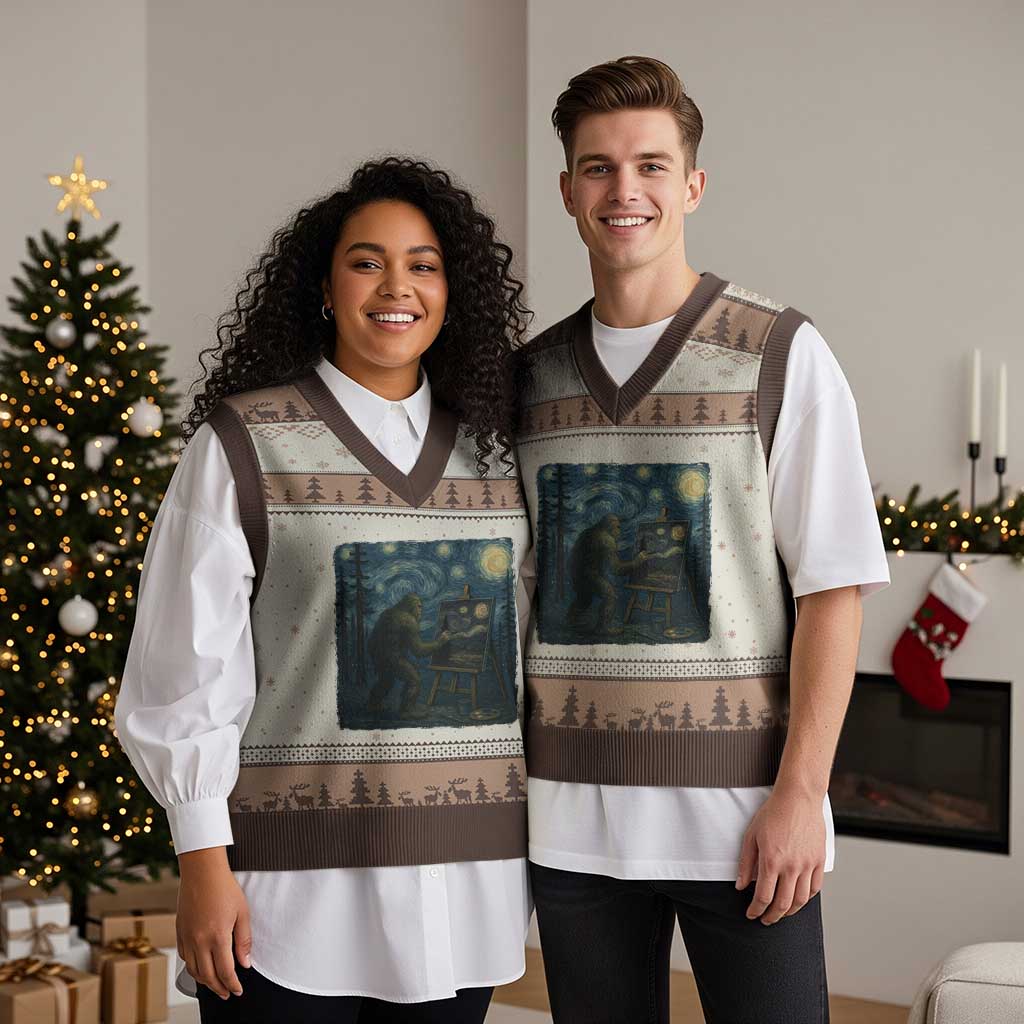 Funny Bigfoot Painting Starry Night Art Parody Gift V-Neck Knit Sweater Vest - Wonder Print Shop