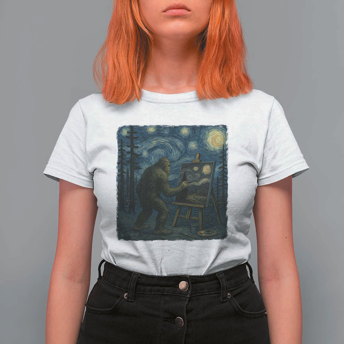 Funny Bigfoot Painting Starry Night Art Parody Gift T Shirt For Women - Wonder Print Shop