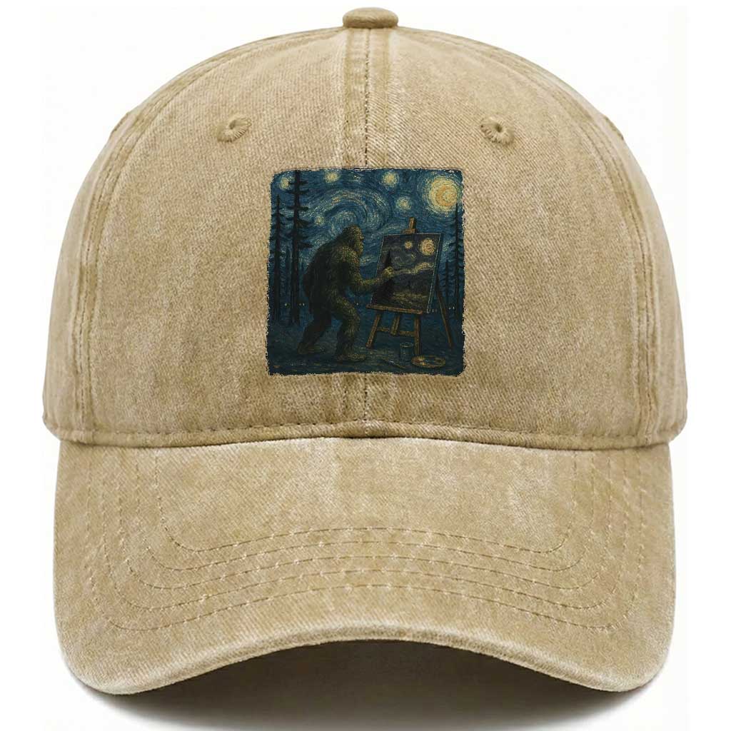 Funny Bigfoot Painting Starry Night Art Parody Gift Washed Cotton Baseball Cap