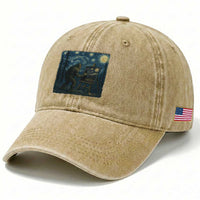 Funny Bigfoot Painting Starry Night Art Parody Gift Washed Cotton Baseball Cap