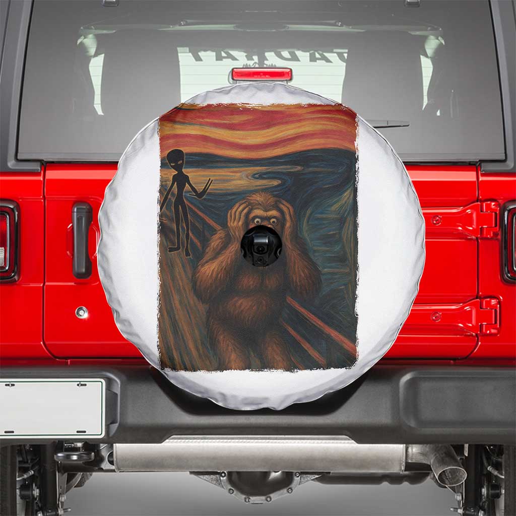 Funny Bigfoot And Alien Spare Tire Cover Parody The Scream Art Meme Gift - Wonder Print Shop