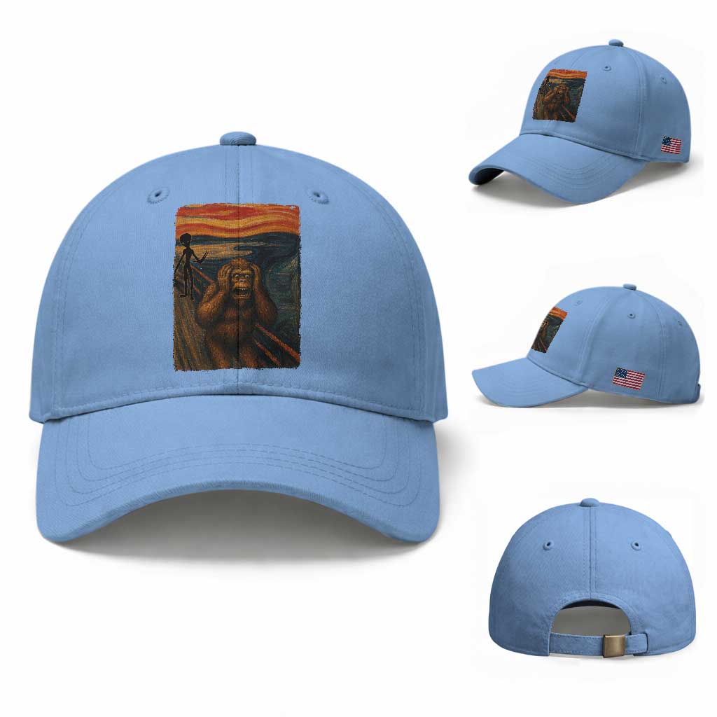 Funny Bigfoot And Alien Baseball Cap Parody The Scream Art Meme Gift