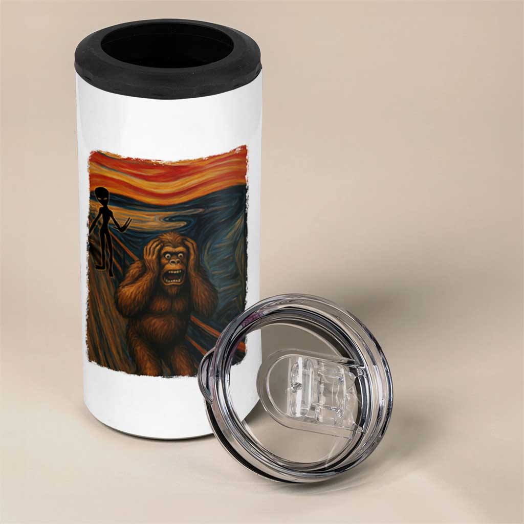 Funny Bigfoot And Alien 4 in 1 Can Cooler Tumbler Parody The Scream Art Meme Gift