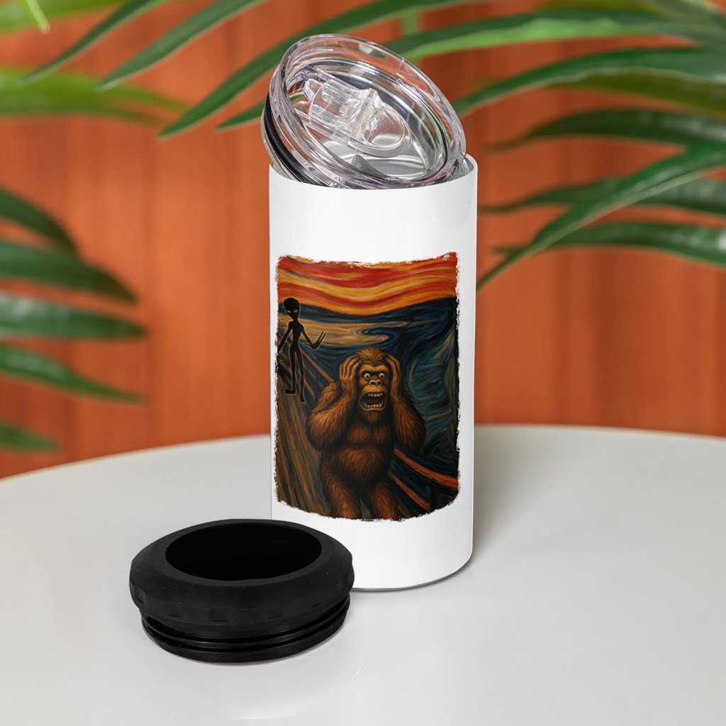 Funny Bigfoot And Alien 4 in 1 Can Cooler Tumbler Parody The Scream Art Meme Gift