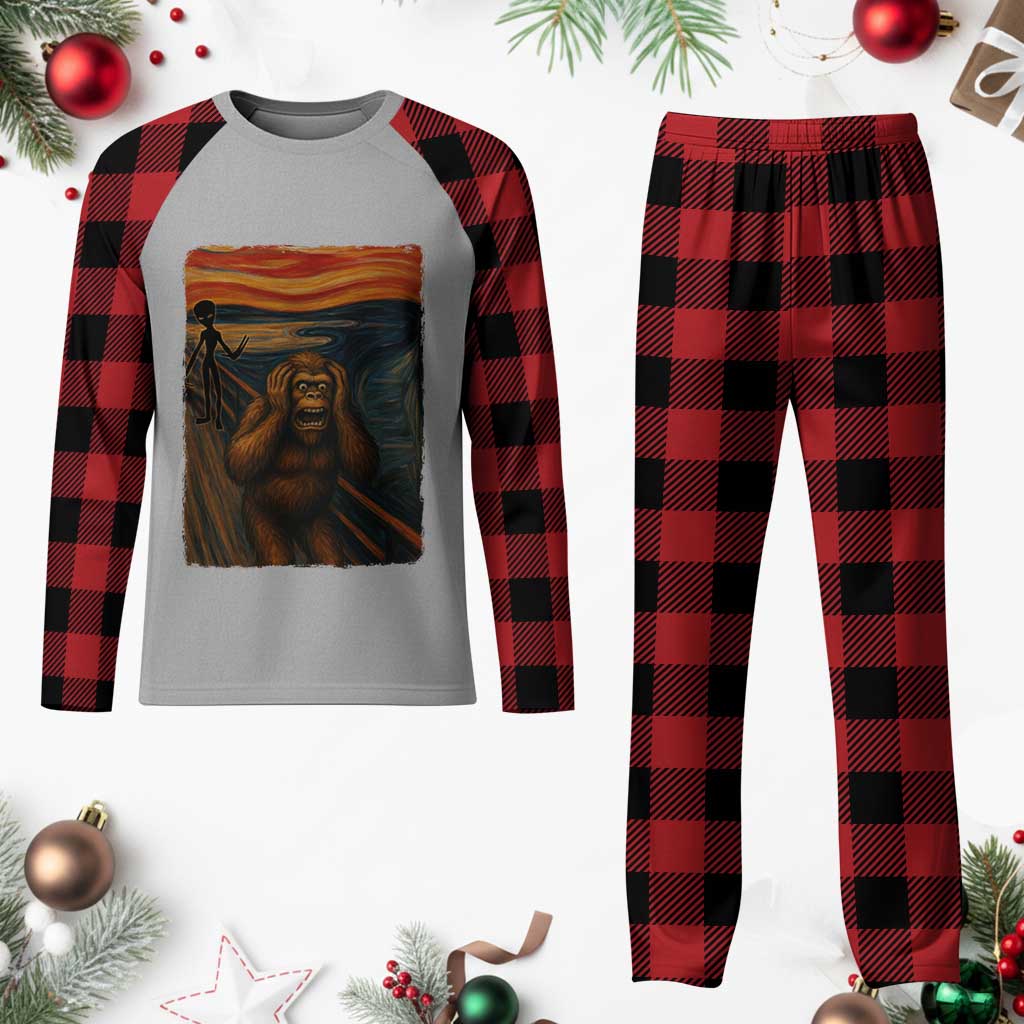 Funny Bigfoot And Alien Plaid Pajama Set Parody The Scream Art Meme Gift - Wonder Print Shop