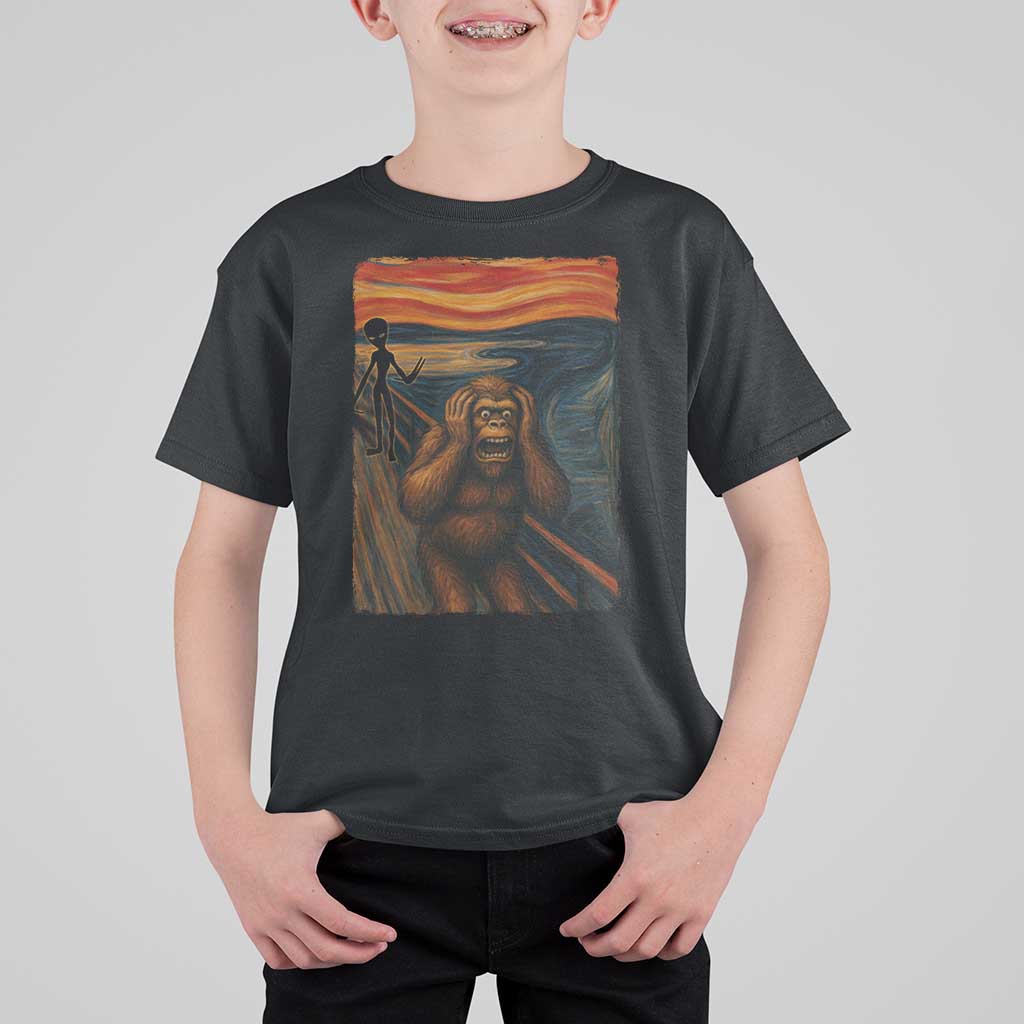 Funny Bigfoot And Alien T Shirt For Kid Parody The Scream Art Meme Gift - Wonder Print Shop